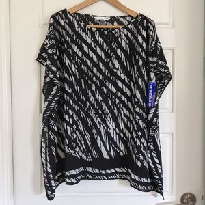 New Women's Black White Flowy Short Sleeves Blouse Top L Art To Wear‎ Modest